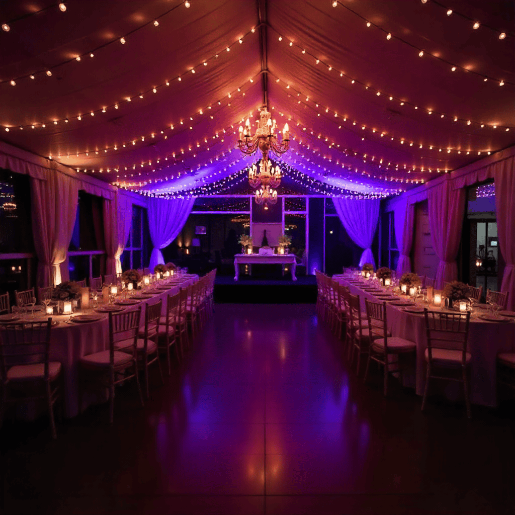 Tunnelmallinen valaistus juhlatilassa