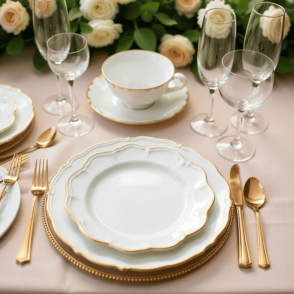 Tyylikäs juhlakattaus kristallilaseilla ja kultaisilla aterimilla